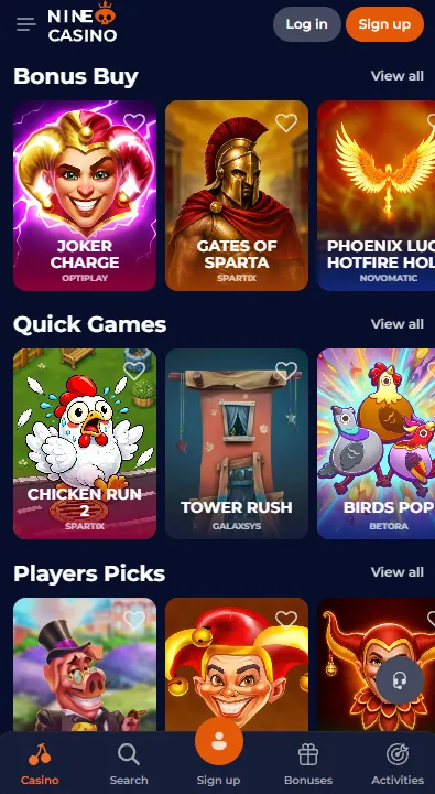 NineCasino mobile interface with games and navigation
