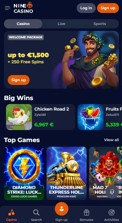 NineCasino browser access on a mobile screen