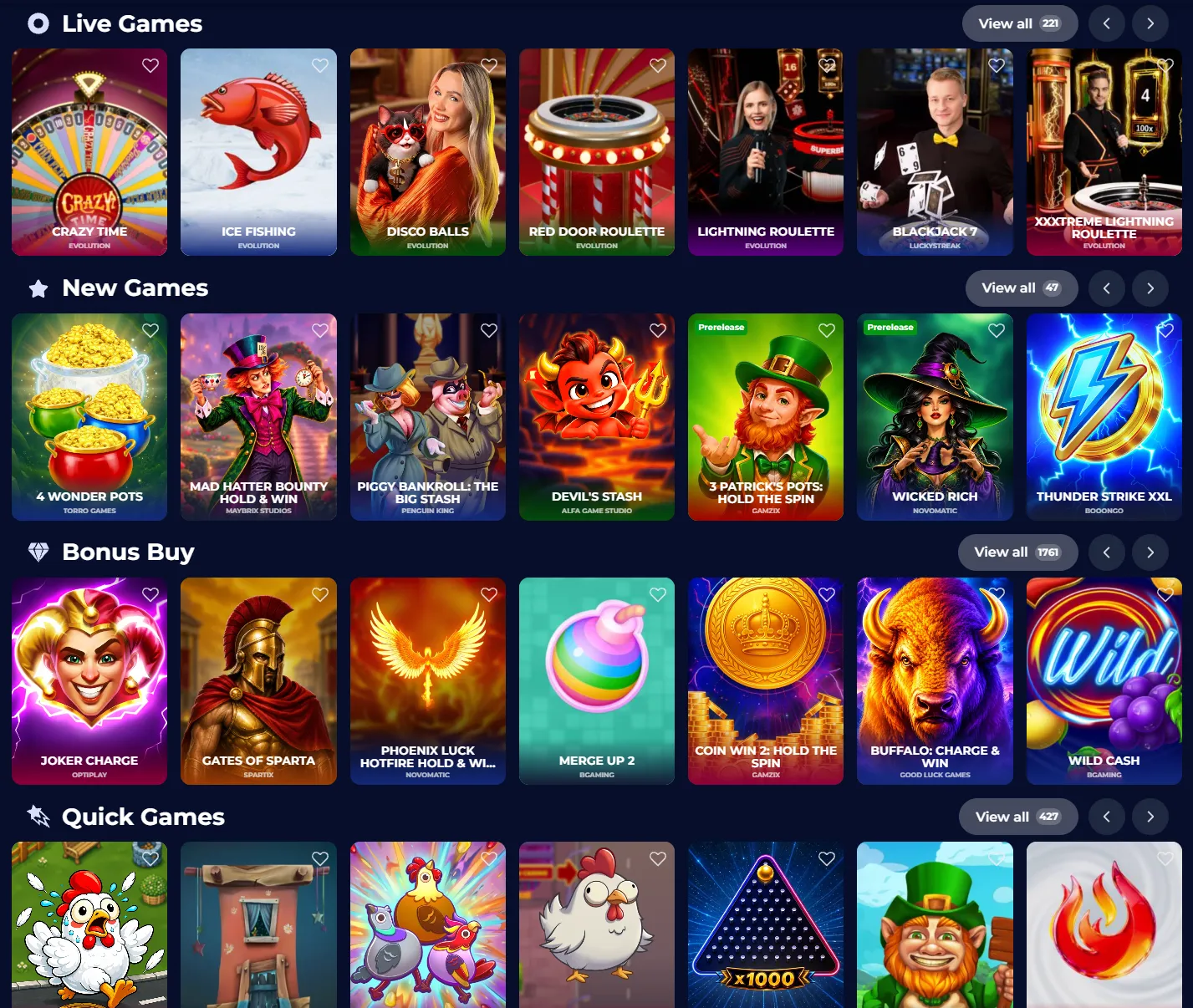 NineCasino lobby with casino game categories