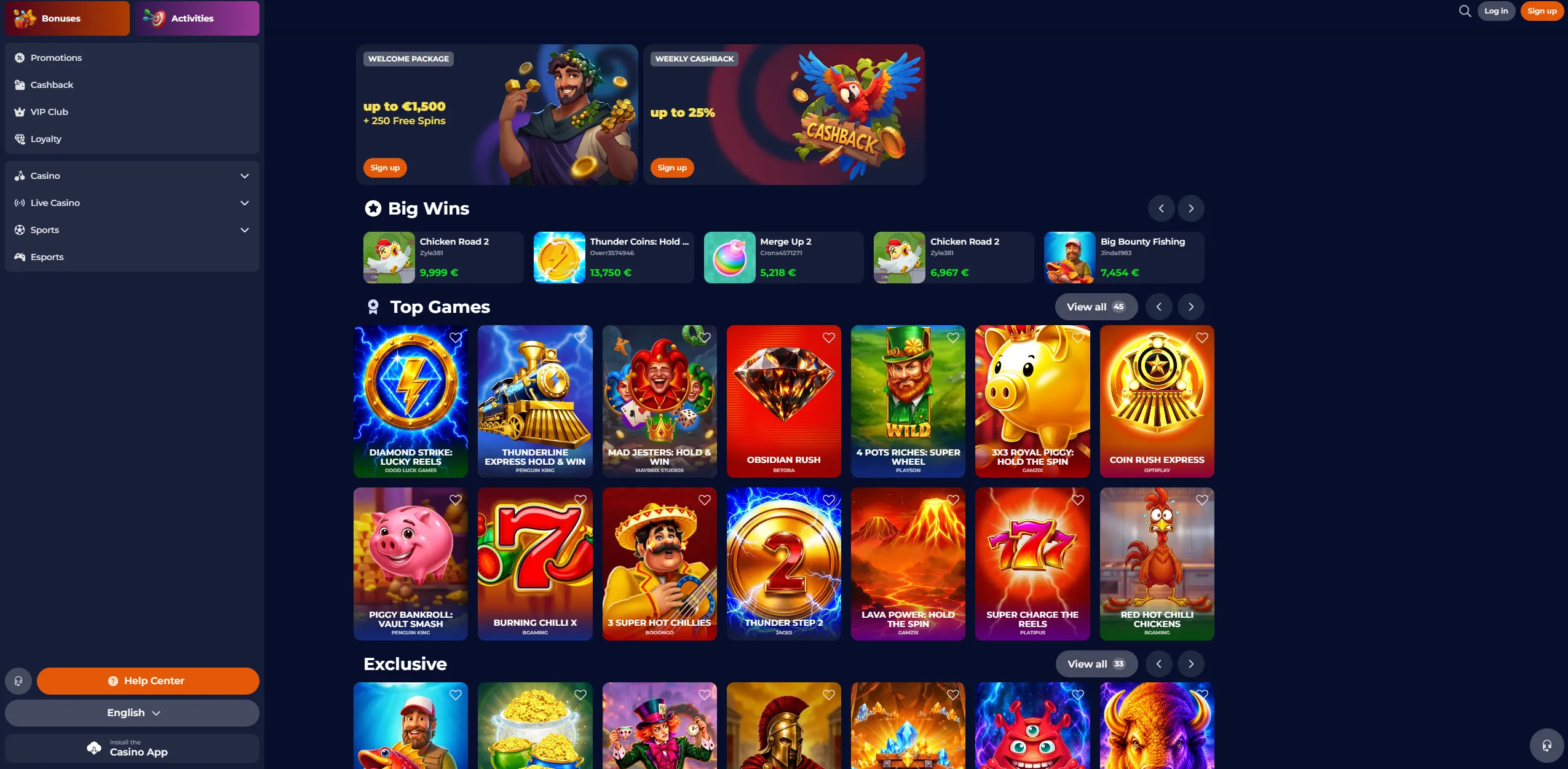 NineCasino lobby with casino games and categories