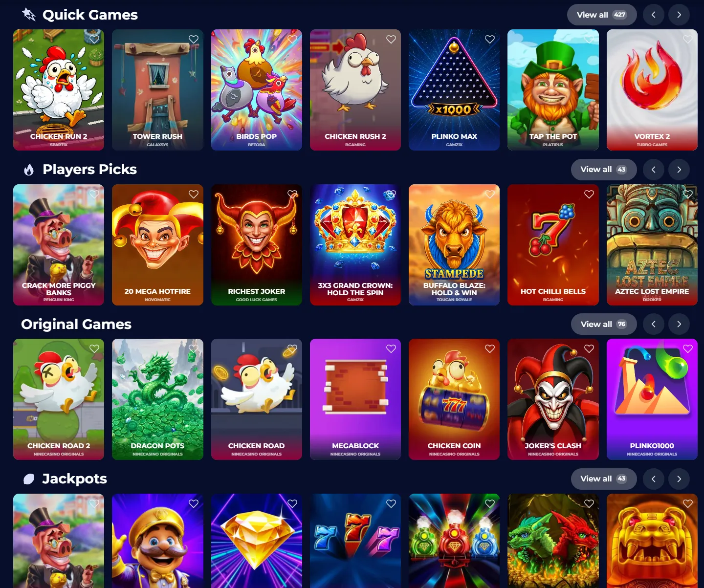 NineCasino slots categories and game cards