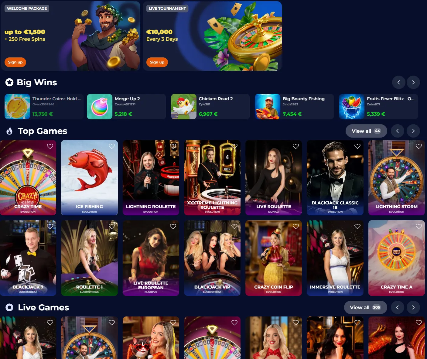 NineCasino live casino tables and game-show categories