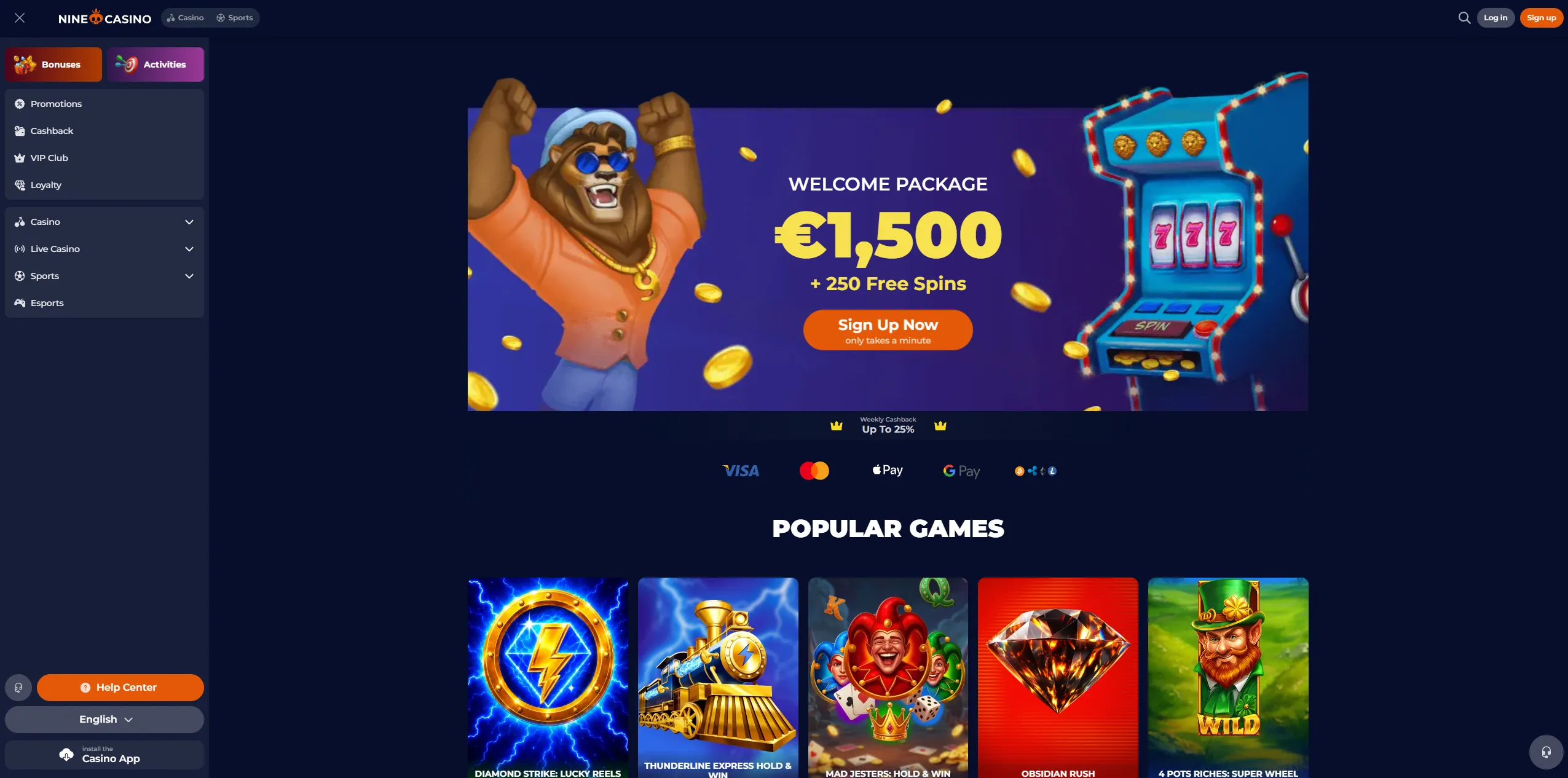 Nine Casino home page and welcome offer