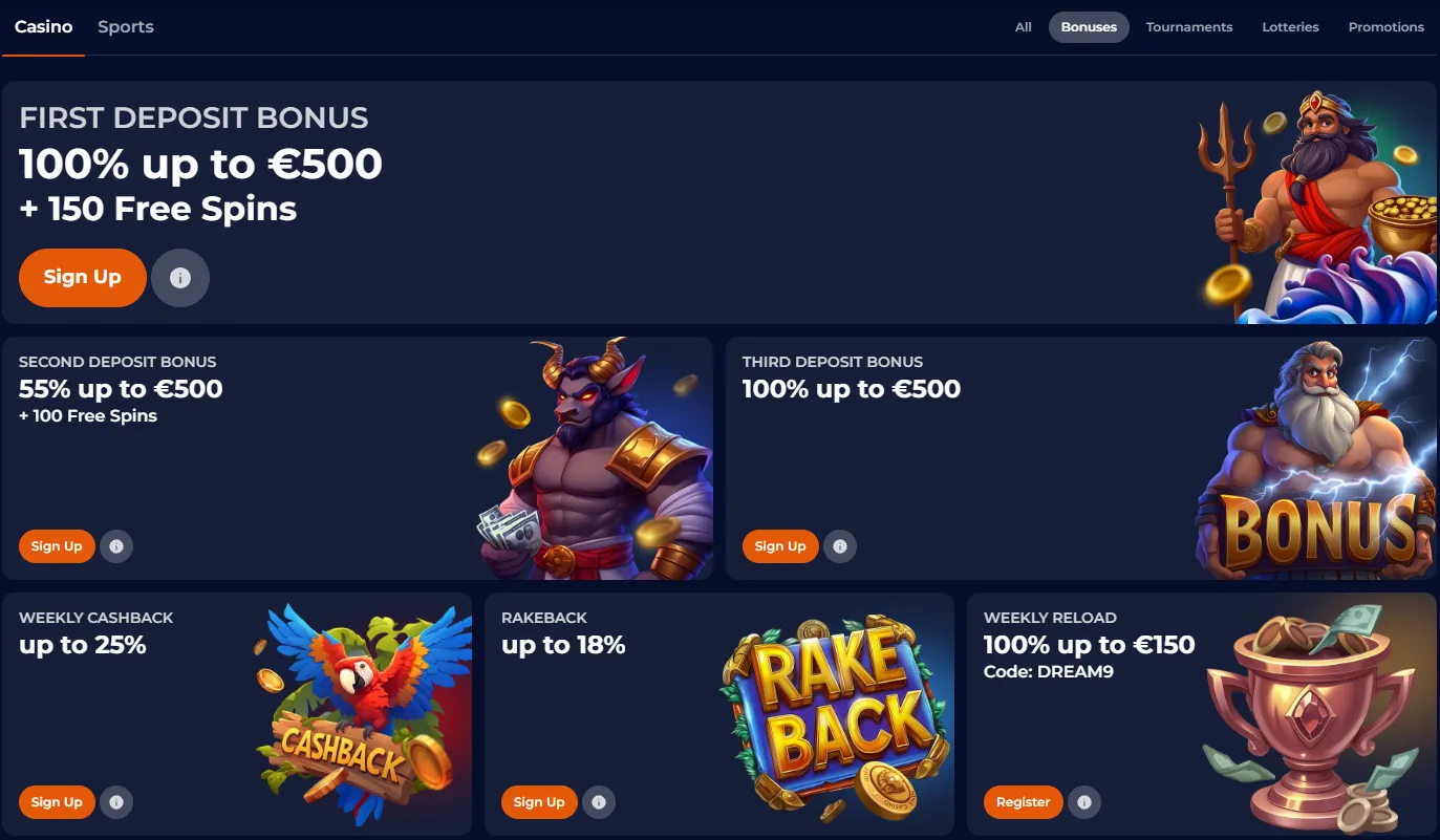 NineCasino welcome bonus and promotional code information