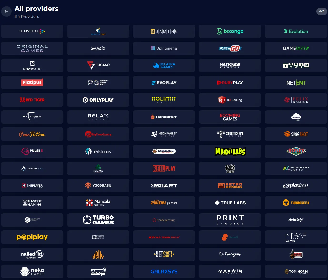 NineCasino game provider selection