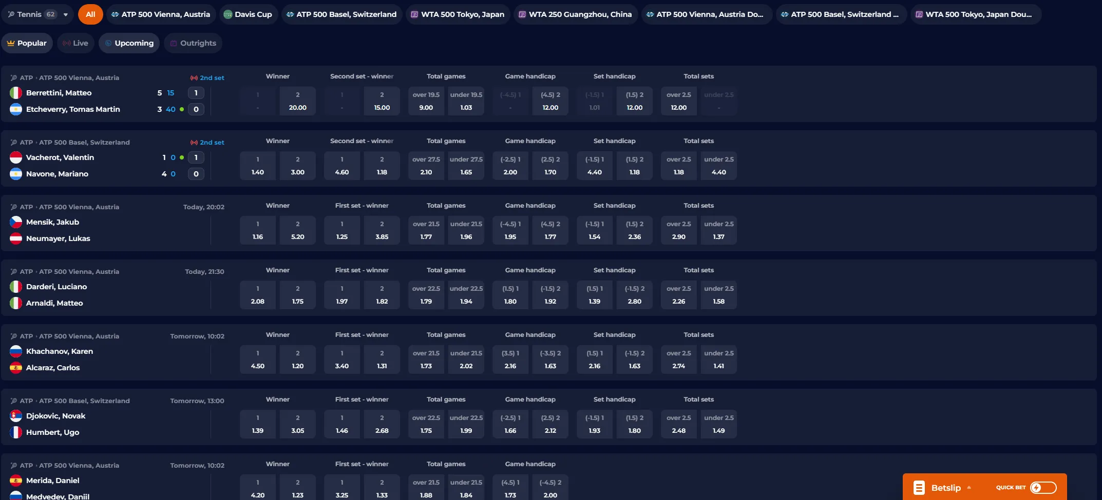 Esports menu with competitive game betting options
